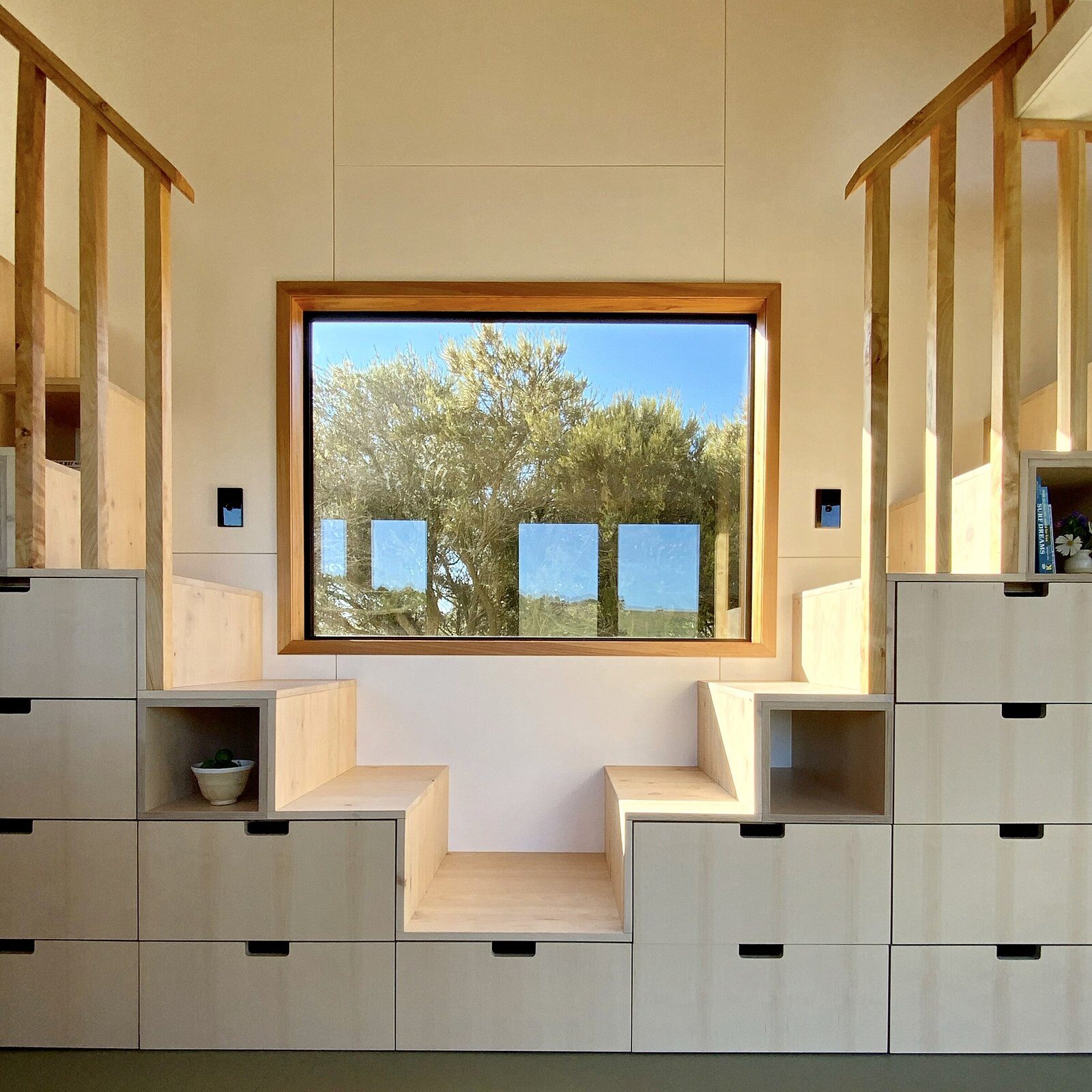The staircase storage system: thirteen soft-close drawers built into the stairs